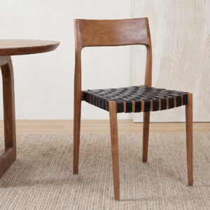 Noutati - Scaun dining Freya din lemn de tec cu sezut impletit din piele neagra
