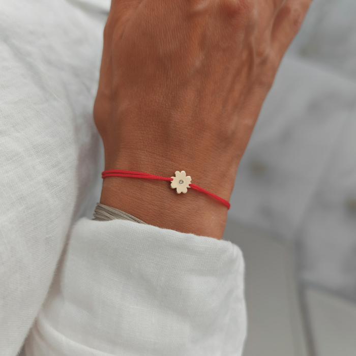 Bratara cu Diamant Natural si Trifoi din Aur Galben 14K pe Snur Ajustabil [4]
