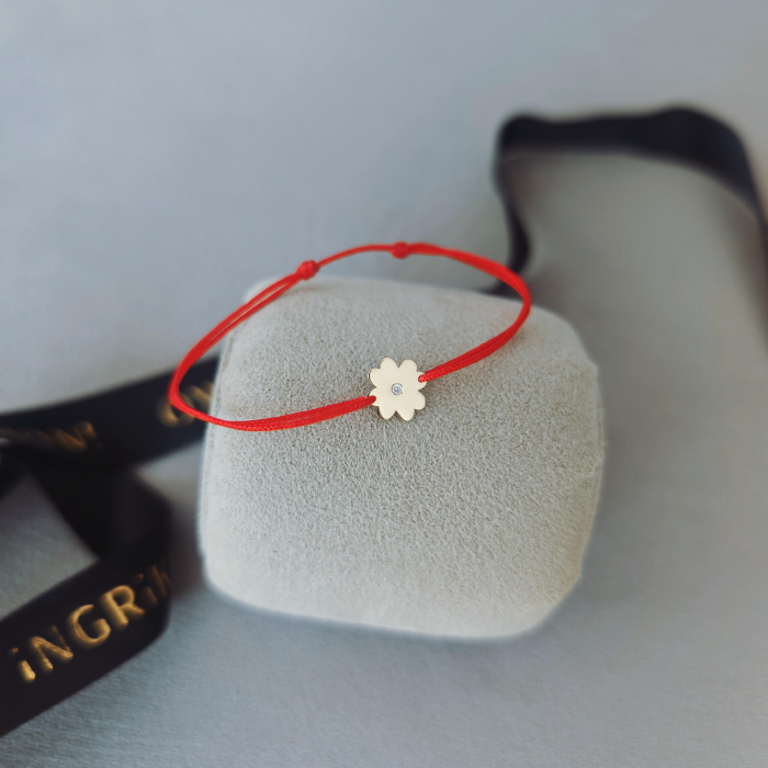 Bratara cu Diamant Natural si Trifoi din Aur Galben 14K pe Snur Ajustabil [2]