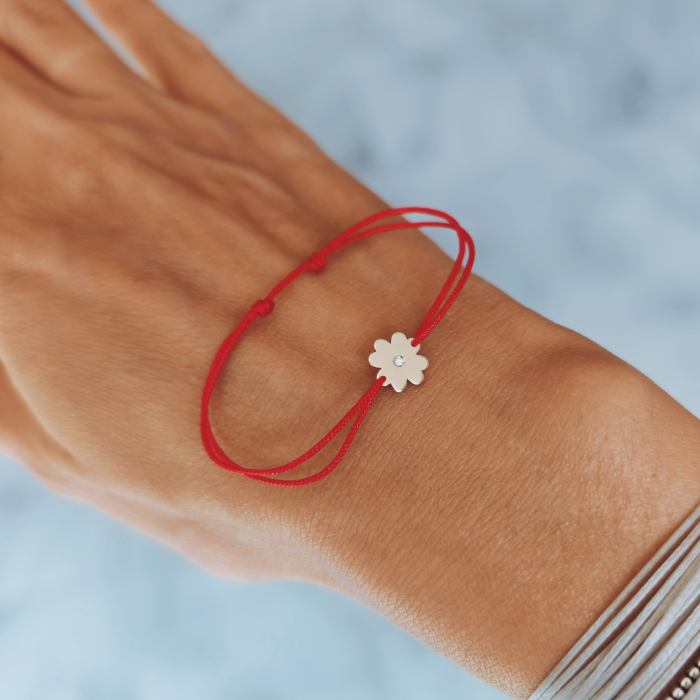 Bratara cu Diamant Natural si Trifoi din Aur Galben 14K pe Snur Ajustabil [6]