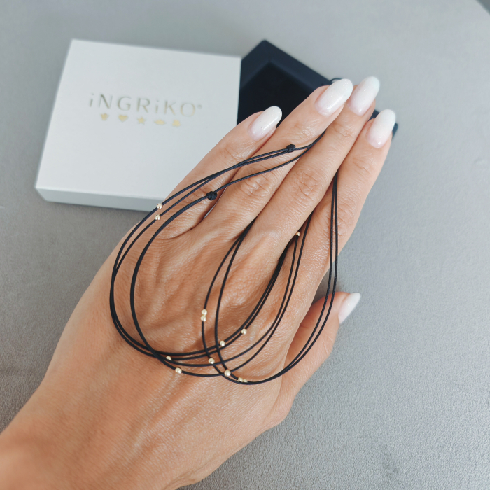 Choker negru cu snur reglabil si 5 bilute din aur galben 14K [4]