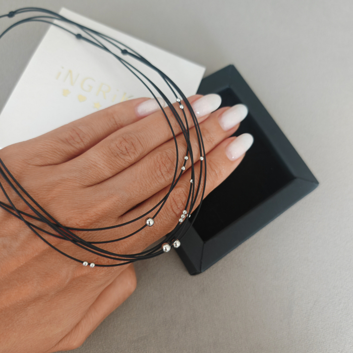 Choker negru snur reglabil cu bilute argint 925 rodiat [4]