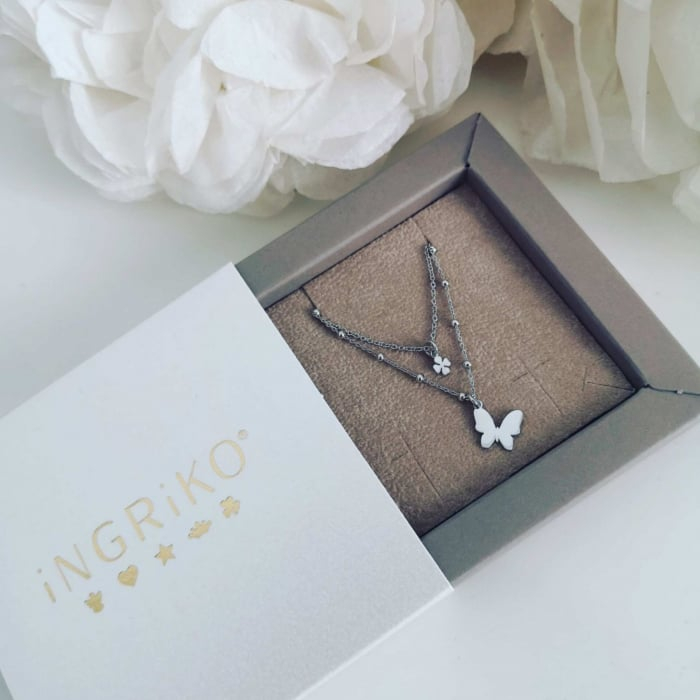 Lantisor argint femei – colier dublu cu fluture si trifoi [3]