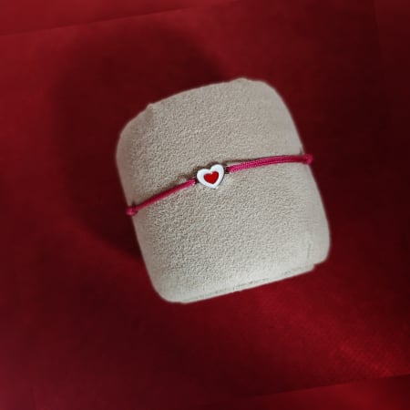 Cadouri de Craciun - Bratara argint inima cu email alb rosu -snur reglabil