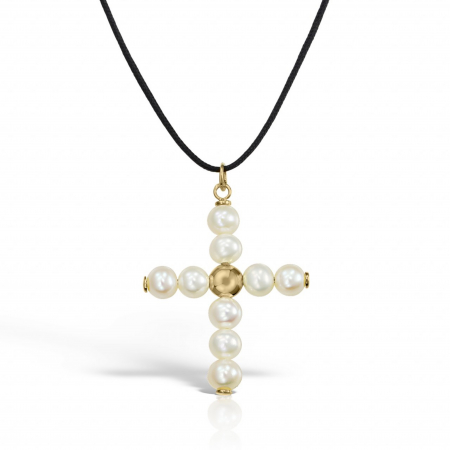 Choker aur - Colier snur reglabil cu pandantiv aur 14K Cruce cu Perle de cultura