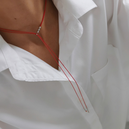 Colier snur reglabil - Colier snur rosu minimalist cu bilute din argint 925 rodiat