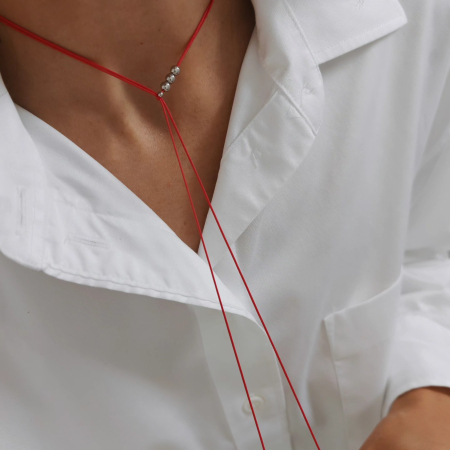 Colier snur rosu minimalist cu bilute din argint 925 rodiat [3]