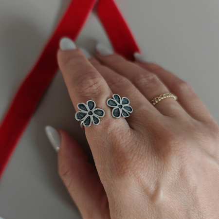 Inele - Inel deschis din argint 925 antichizat, cu flori