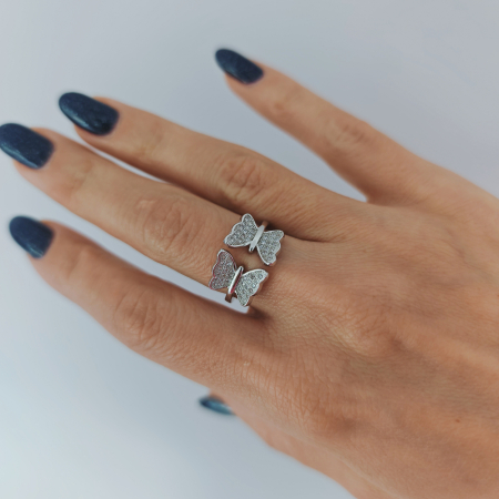 Bijuterii Personalizate din Aur si Argint - Inel Fluture Deschis cu Zirconii din Argint 925 Rodiat
