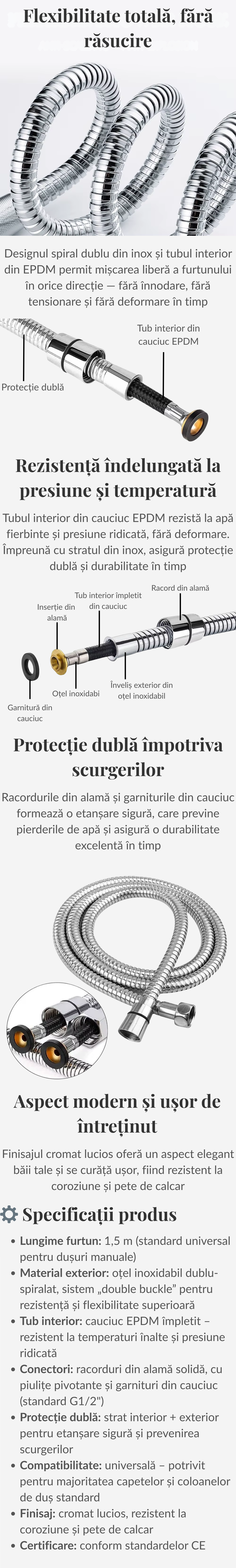 furtun de dus flexibil si extensibil din inox 1,5 metri