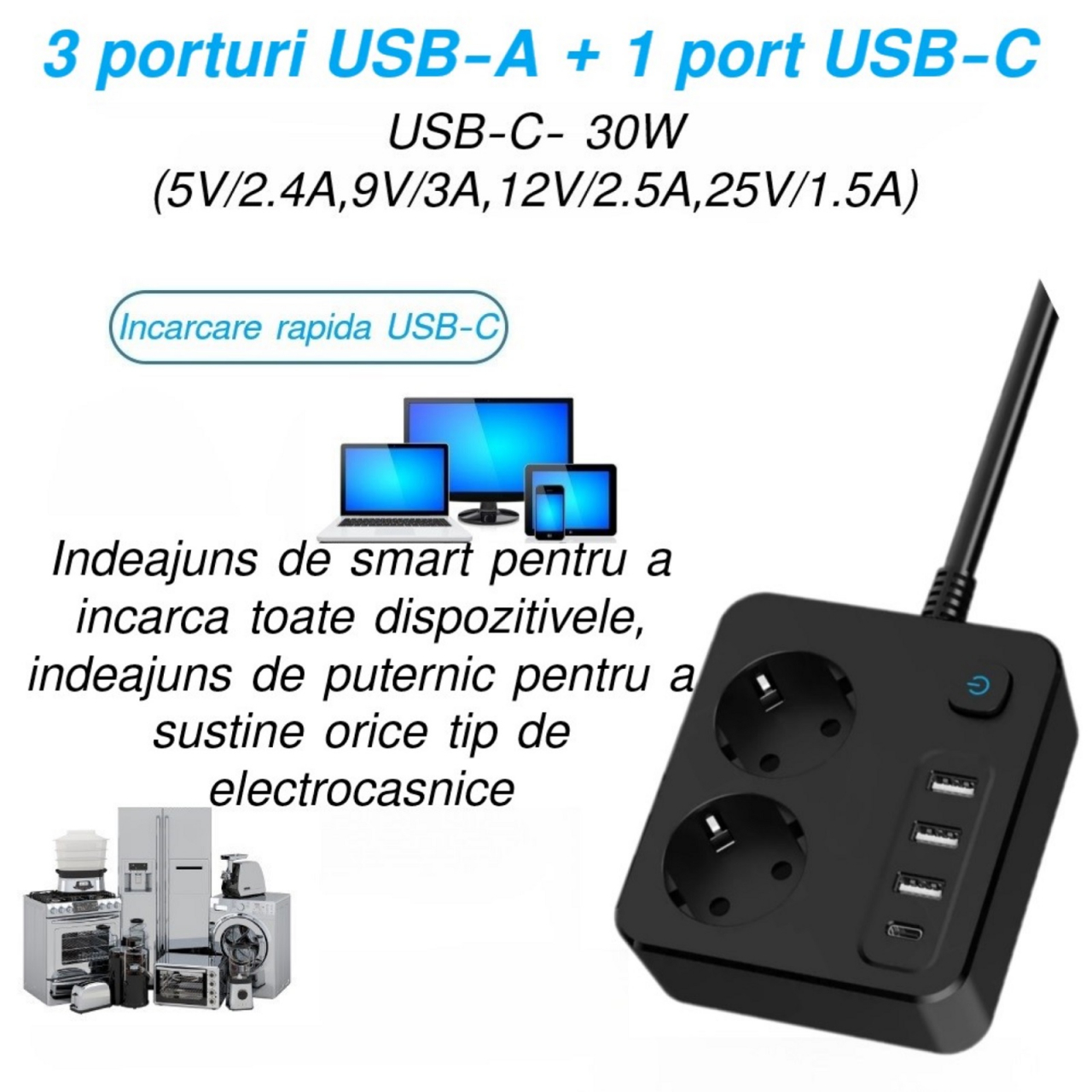 Prelungitor de putere mare INNOVIO, 16A/4000W, 2 prize, 3 porturi USB-A, 1 port USB-C incarcare rapida 30W, Protectie copii, Multiple protectii, Materiale ignifuge, Cablu din cupru, Lungime 2 m, Negru [6]