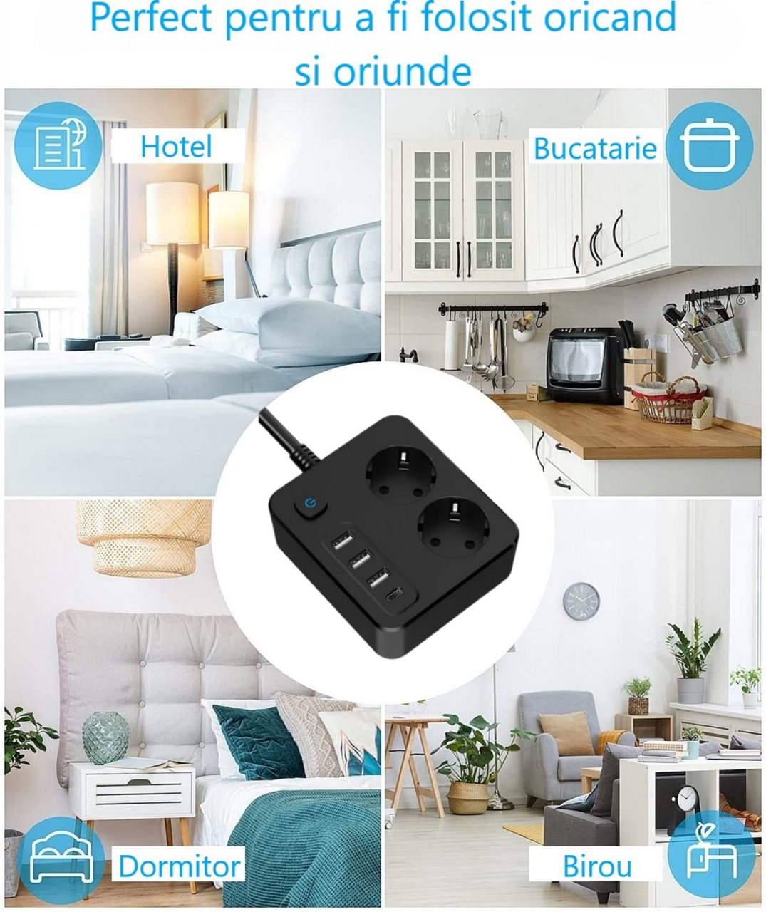 Prelungitor de putere mare INNOVIO, 16A/4000W, 2 prize, 3 porturi USB-A, 1 port USB-C incarcare rapida 30W, Protectie copii, Multiple protectii, Materiale ignifuge, Cablu din cupru, Lungime 2 m, Negru [9]