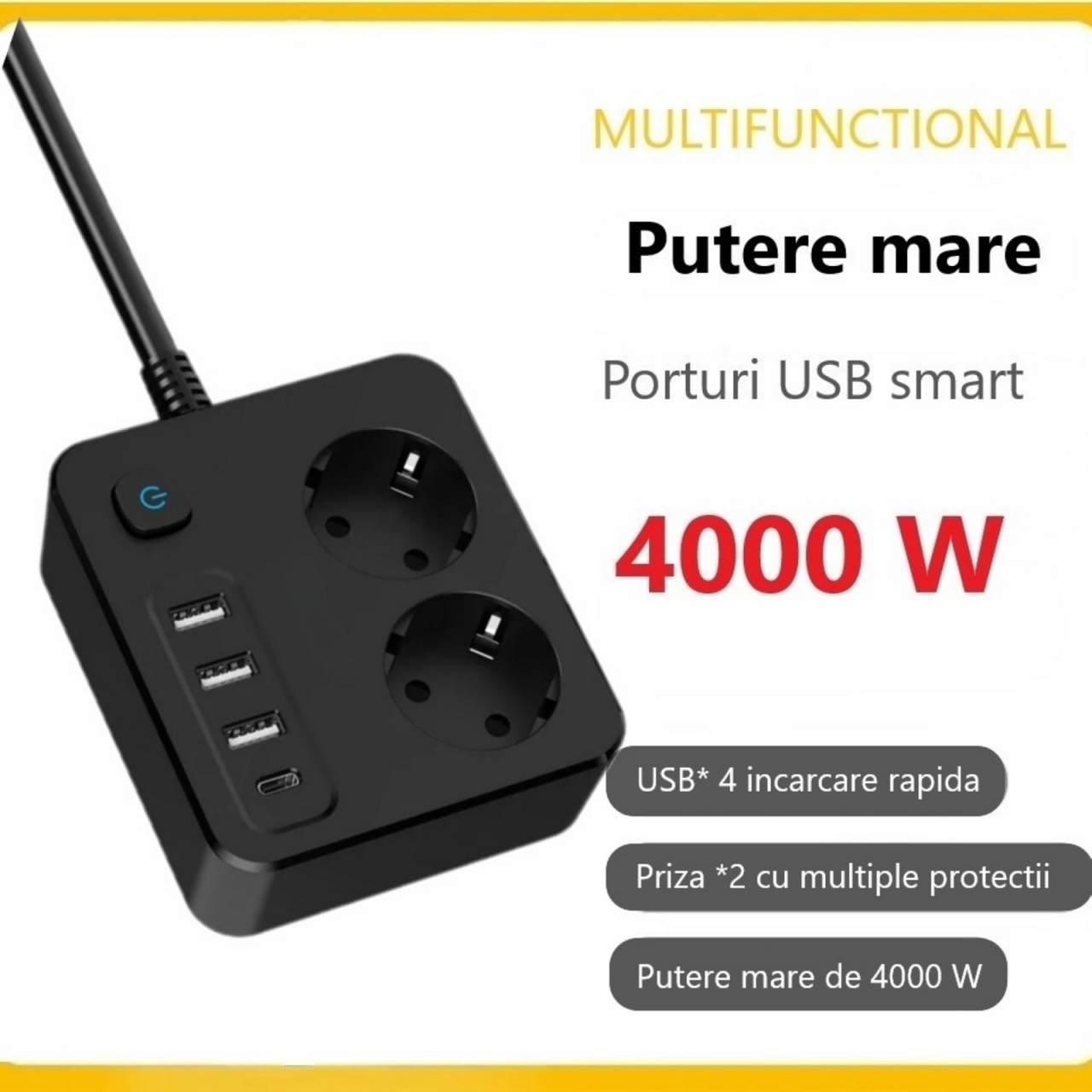 Prelungitor de putere mare INNOVIO, 16A/4000W, 2 prize, 3 porturi USB-A, 1 port USB-C incarcare rapida 30W, Protectie copii, Multiple protectii, Materiale ignifuge, Cablu din cupru, Lungime 2 m, Negru [2]