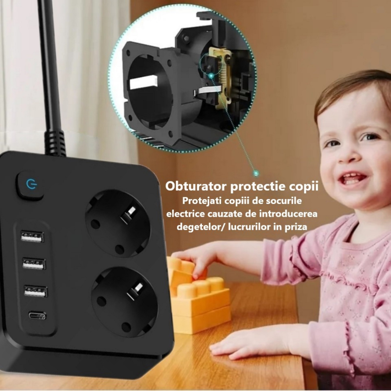 Prelungitor de putere mare INNOVIO, 16A/4000W, 2 prize, 3 porturi USB-A, 1 port USB-C incarcare rapida 30W, Protectie copii, Multiple protectii, Materiale ignifuge, Cablu din cupru, Lungime 2 m, Negru [5]