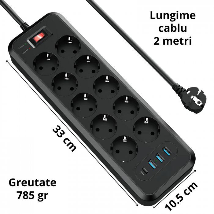 Prelungitor 10 Prize cu 4 USB (USB-C PD 30W), 4000W, Protectii Multiple, 2m Cablu [10]