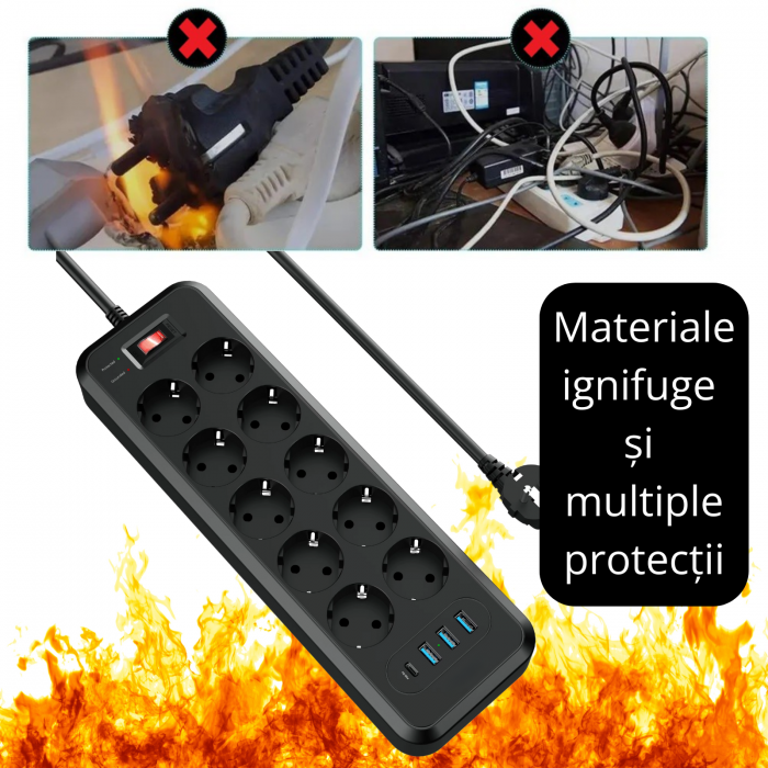 Prelungitor 10 Prize cu 4 USB (USB-C PD 30W), 4000W, Protectii Multiple, 2m Cablu [8]