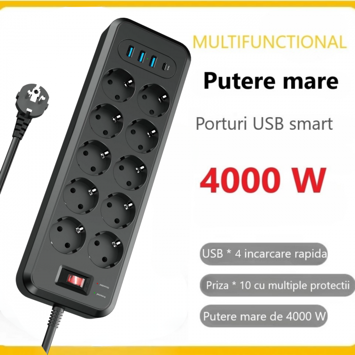 Prelungitor 10 Prize cu 4 USB (USB-C PD 30W), 4000W, Protectii Multiple, 2m Cablu [5]