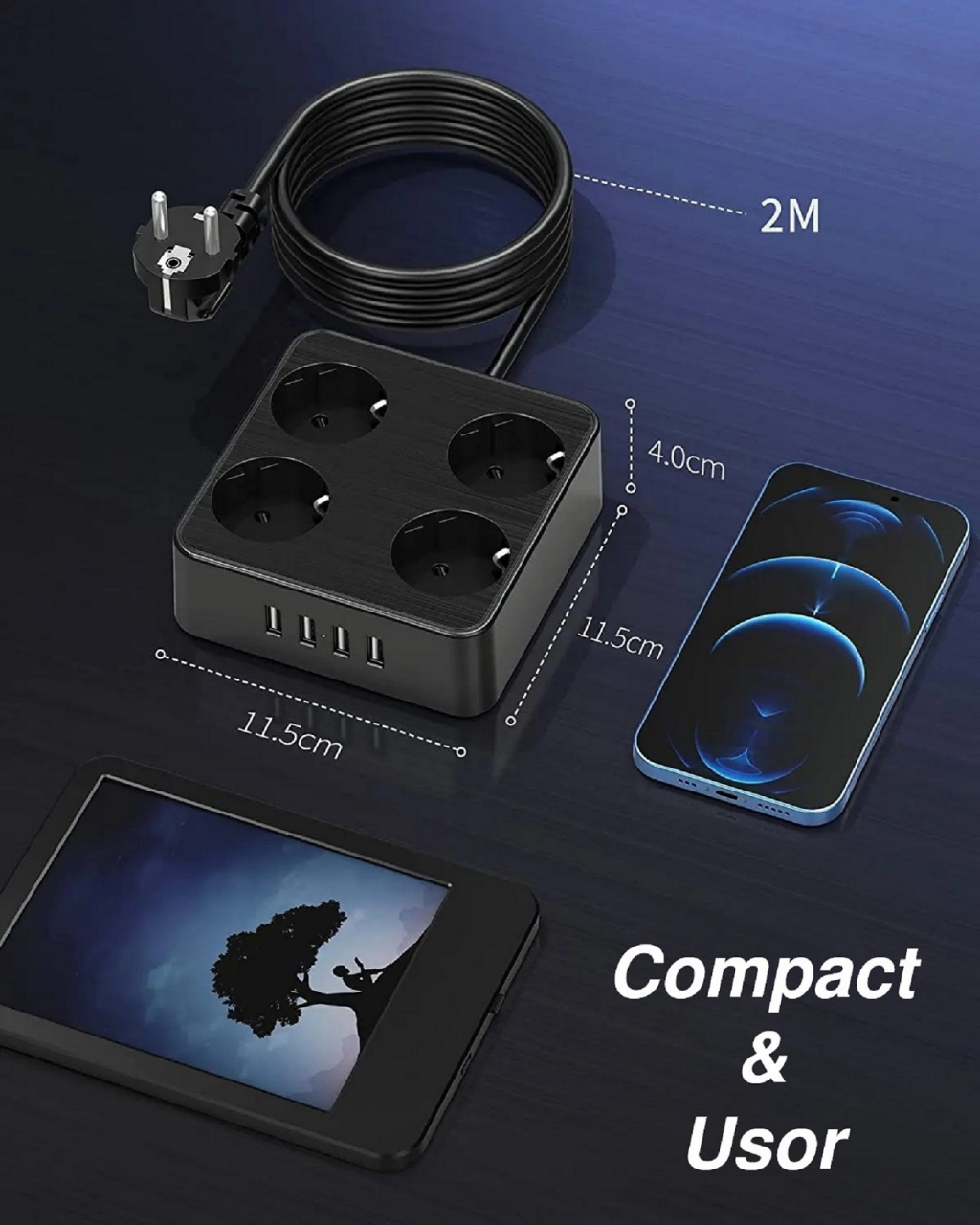 Prelungitor de putere mare cu cu 4 prize si 4 porturi USB si cu multiple protectii [11]