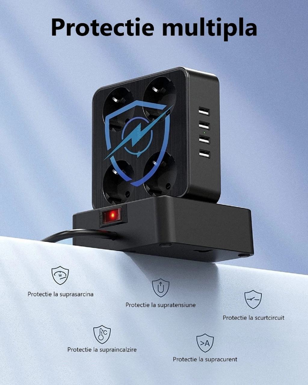 Prelungitor de putere mare cu cu 4 prize si 4 porturi USB si cu multiple protectii [4]
