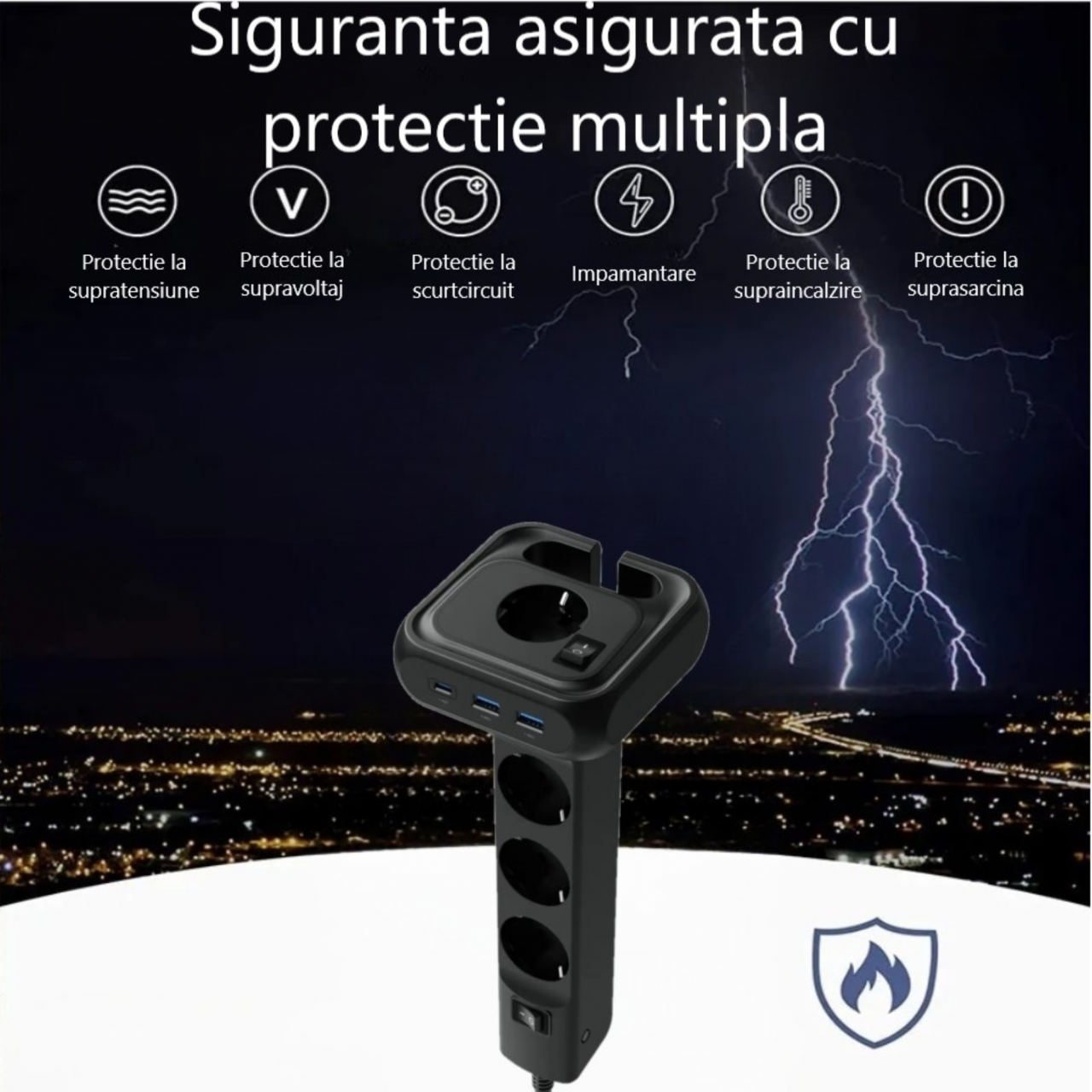 Prelungitor pentru birou INNOVIO, Putere mare 4000W/16A, Impamantare, Multiple protectii, Protectie copii, 4 prize de curent alternativ, 2 porturi USB-A, 1 port USB-C, Cablu 2 m, Negru [8]