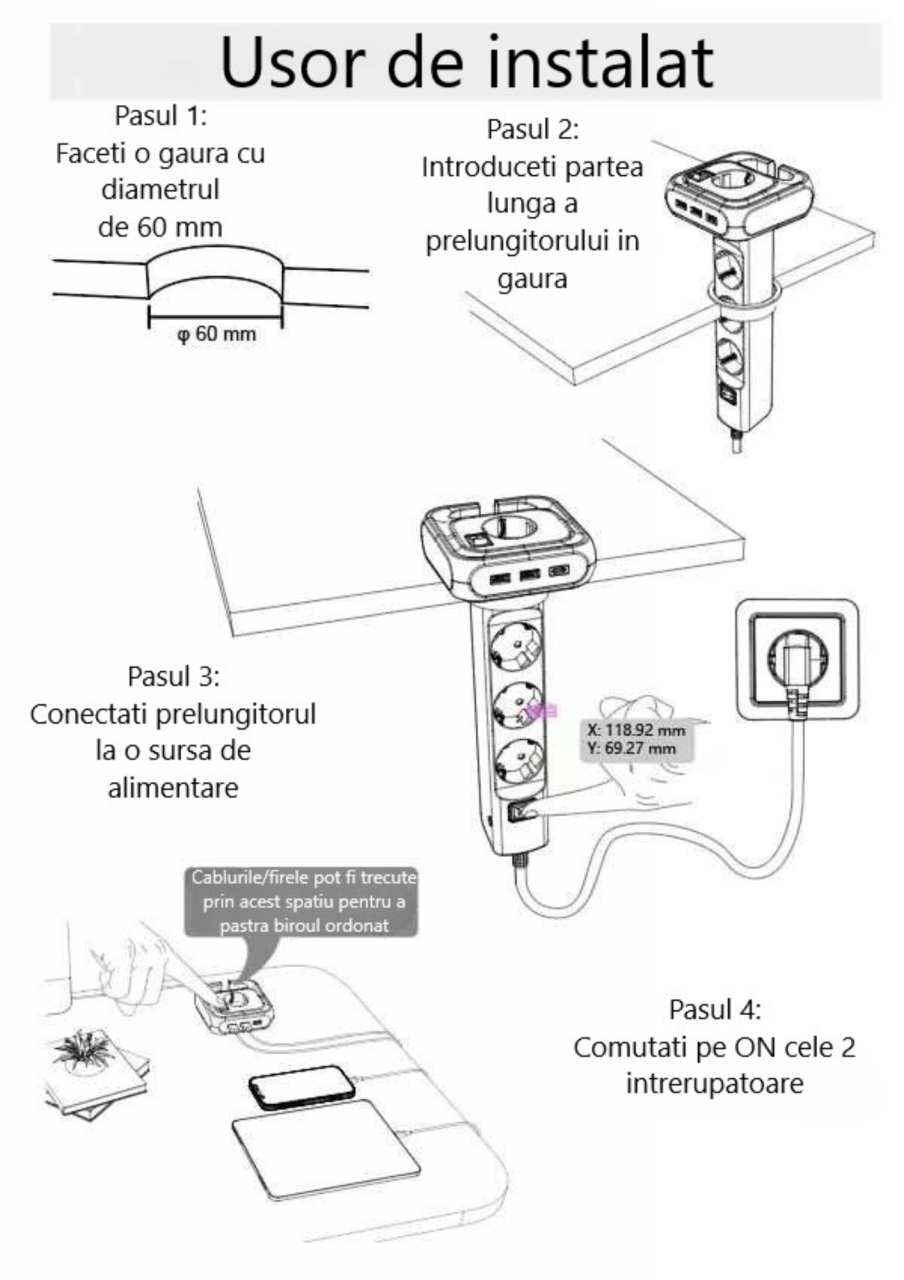 Prelungitor pentru birou INNOVIO, Putere mare 4000W/16A, Impamantare, Multiple protectii, Protectie copii, 4 prize de curent alternativ, 2 porturi USB-A, 1 port USB-C, Cablu 2 m, Negru [9]