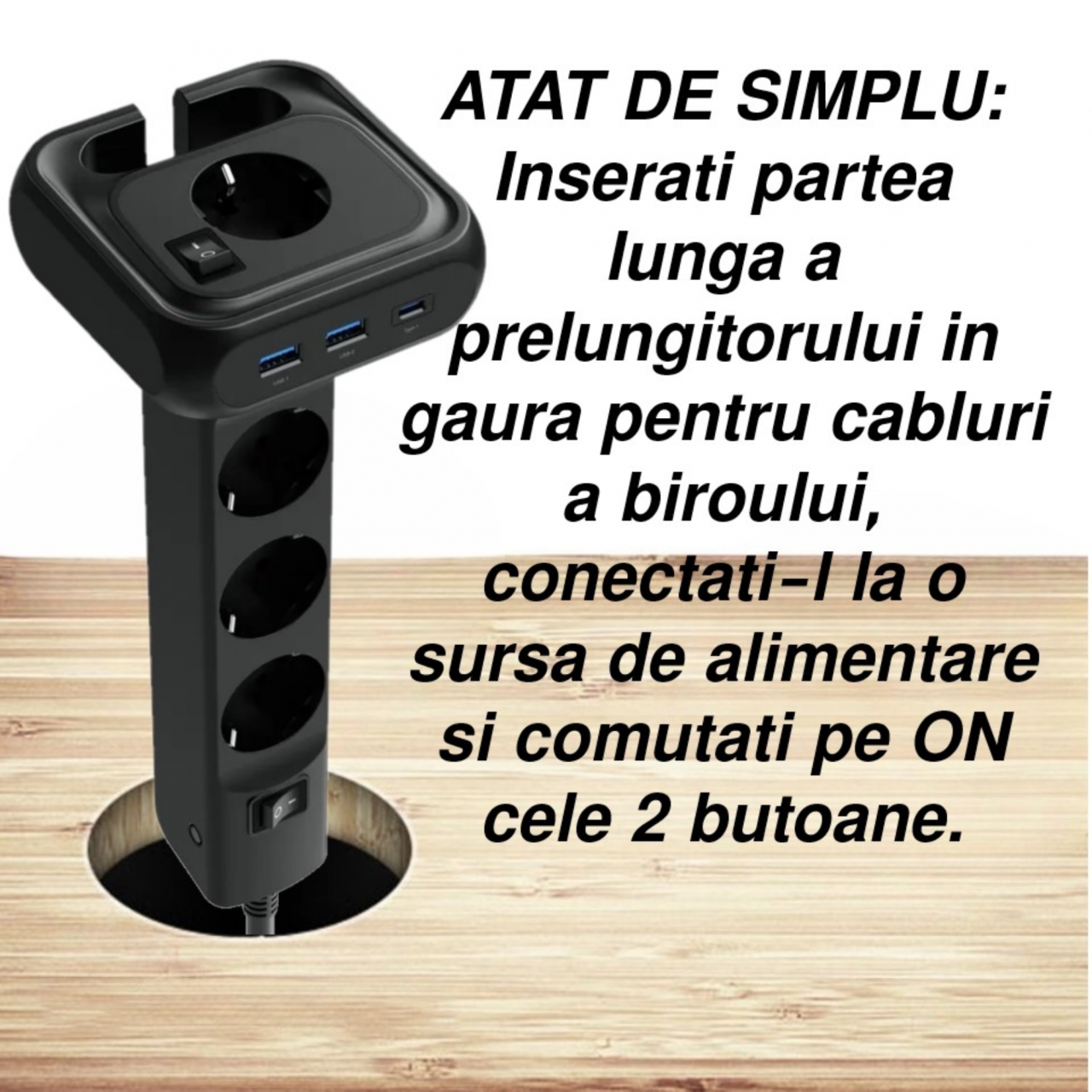 Prelungitor pentru birou INNOVIO, Putere mare 4000W/16A, Impamantare, Multiple protectii, Protectie copii, 4 prize de curent alternativ, 2 porturi USB-A, 1 port USB-C, Cablu 2 m, Negru [4]