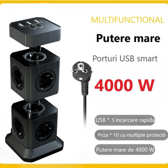 Prelungitor vertical modular 3-în-1 cu 10 prize și 5 porturi USB [9]
