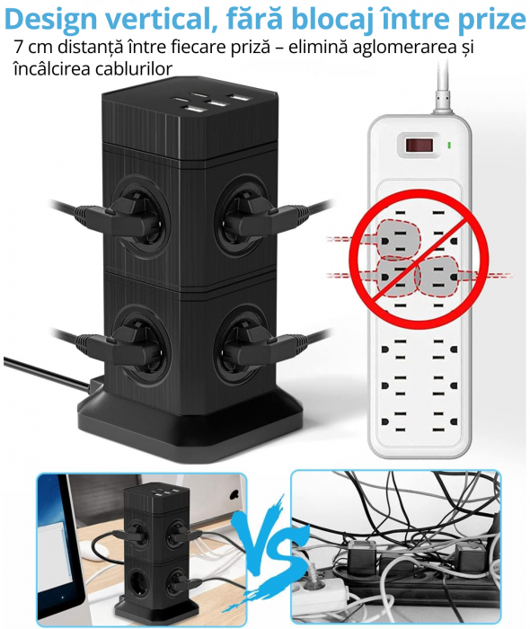 Prelungitor vertical modular 3-în-1 cu 10 prize și 5 porturi USB [6]