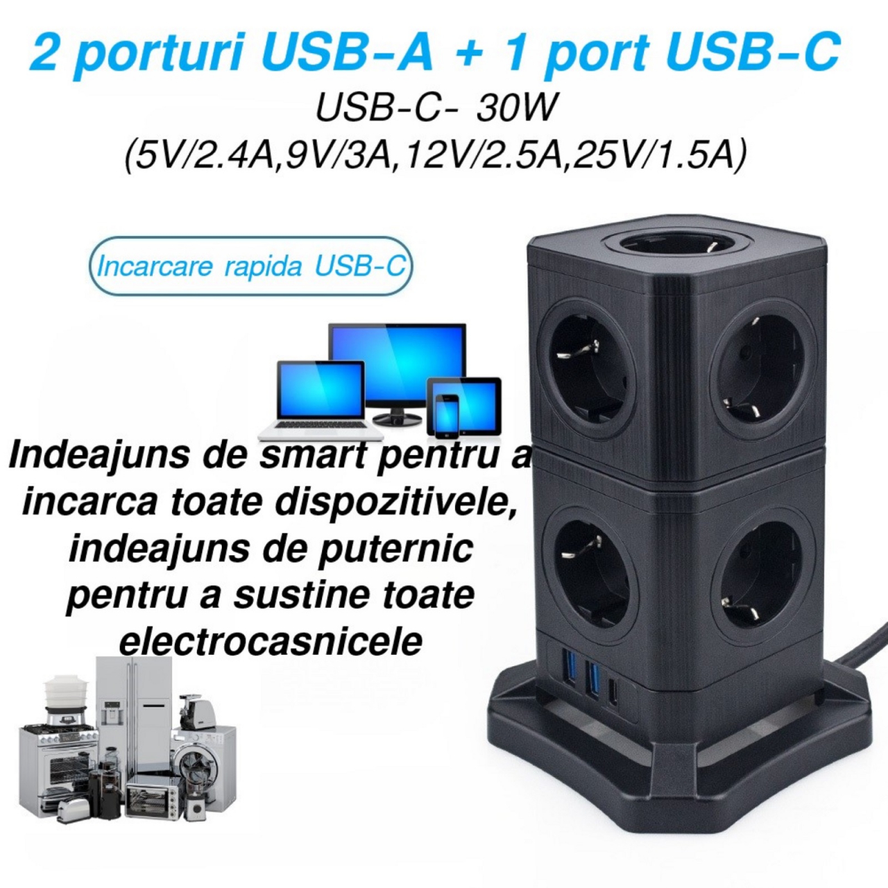 Prelungitor tip turn detasabil INNOVIO®, Putere mare 4000W/16A, 10 prize, 2 porturi USB-A, 1 port USB-C 30W, Protectie copii, Multiple protectii, Impamantare, Cablu cupru pur, Cablu 2m, Negru [6]