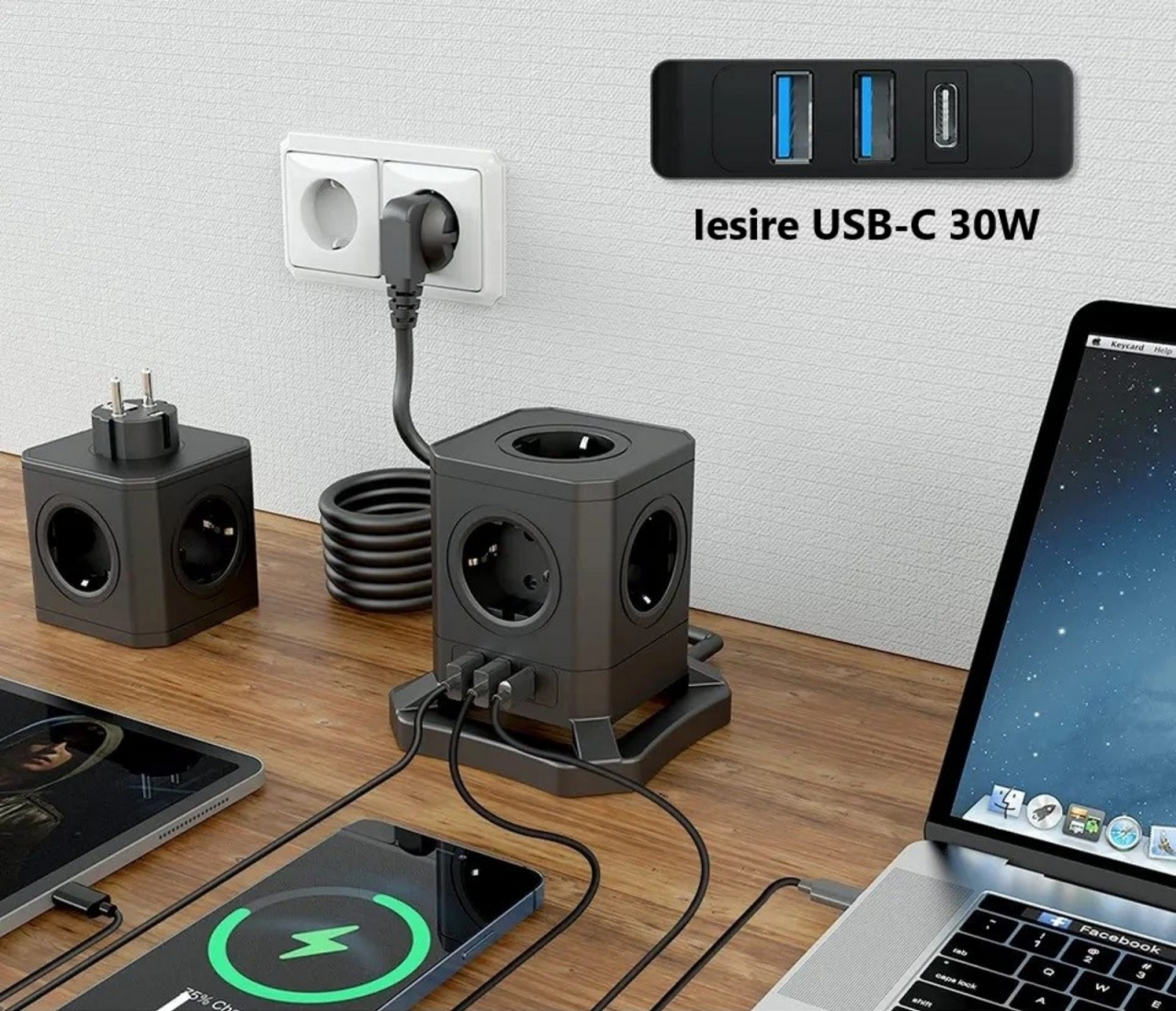 Prelungitor tip turn detasabil INNOVIO®, Putere mare 4000W/16A, 10 prize, 2 porturi USB-A, 1 port USB-C 30W, Protectie copii, Multiple protectii, Impamantare, Cablu cupru pur, Cablu 2m, Negru [9]