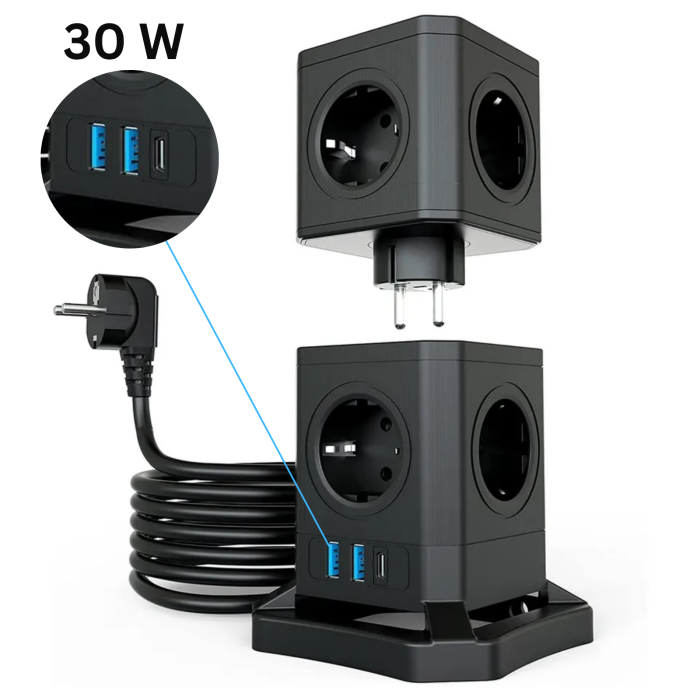 Prelungitor tip turn detasabil INNOVIO®, Putere mare 4000W/16A, 10 prize, 2 porturi USB-A, 1 port USB-C 30W, Protectie copii, Multiple protectii, Impamantare, Cablu cupru pur, Cablu 2m, Negru [1]