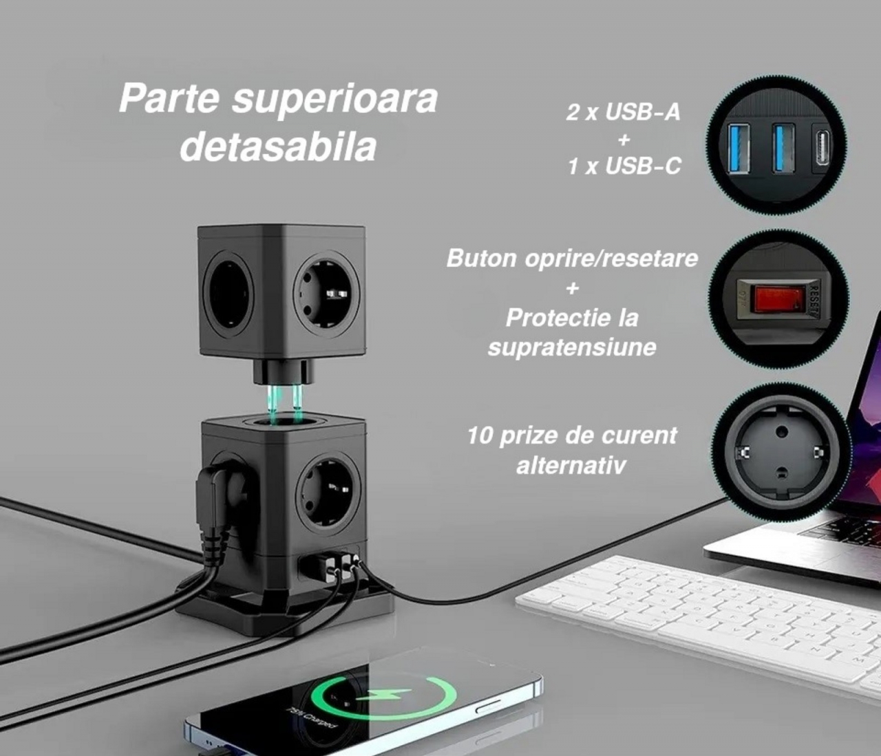 Prelungitor tip turn detasabil INNOVIO®, Putere mare 4000W/16A, 10 prize, 2 porturi USB-A, 1 port USB-C 30W, Protectie copii, Multiple protectii, Impamantare, Cablu cupru pur, Cablu 2m, Negru [2]