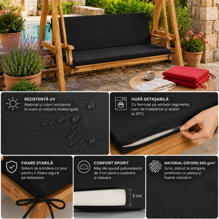 Saltea Balansoar 3 Persoane 100x150 cm, Oxford Gros, Husă Detașabilă, Negru | Fabricată în România [2]