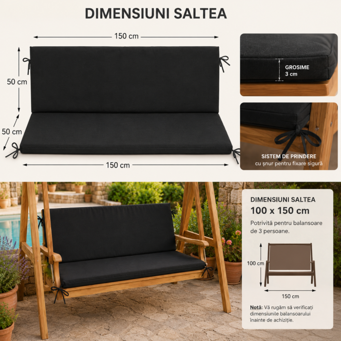 Saltea Balansoar 3 Persoane 100x150 cm, Oxford Gros, Husă Detașabilă, Negru | Fabricată în România [3]