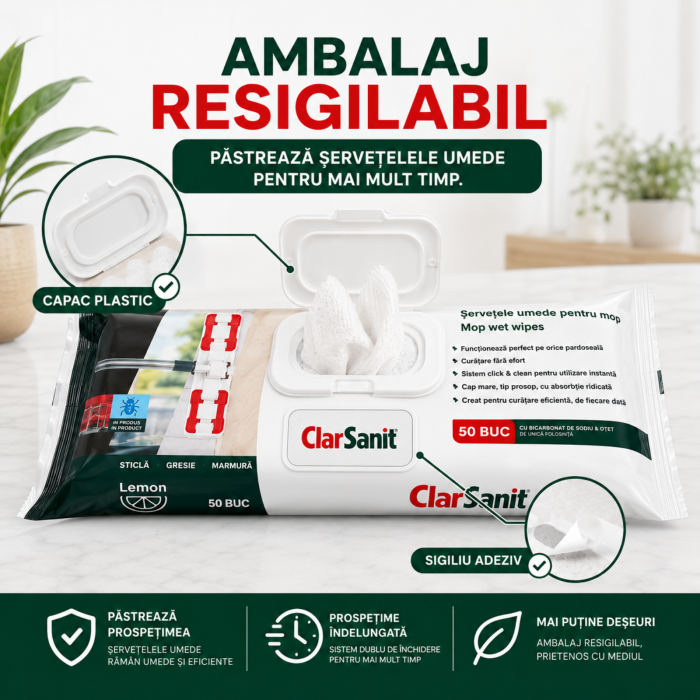 Șervețele Umede pentru Mop ClarSanit Lemon 50 Buc | 35×20 cm [8]