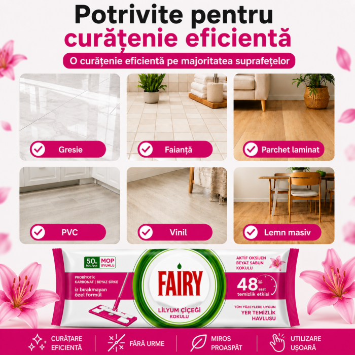 Șervețele umede Fairy Lilyum pentru pardoseli, 50 buc., parfum de crin [5]