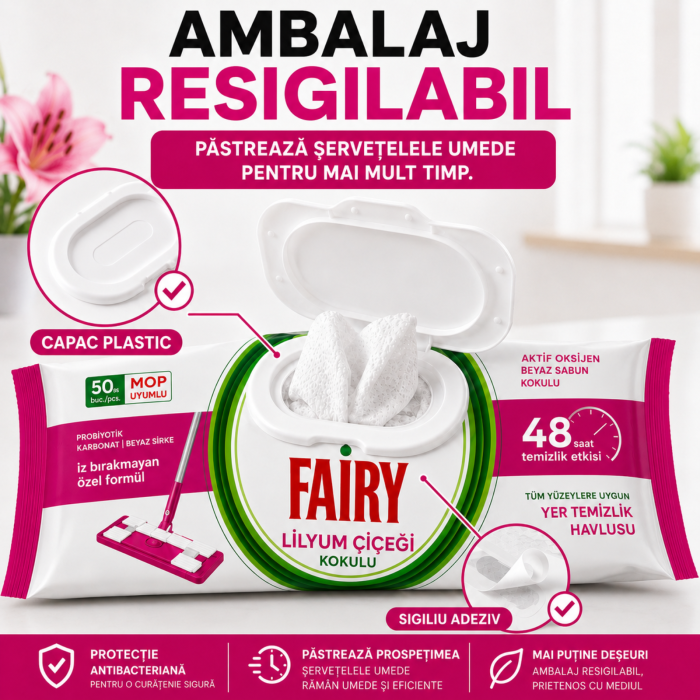Șervețele umede Fairy Lilyum pentru pardoseli, 50 buc., parfum de crin [7]