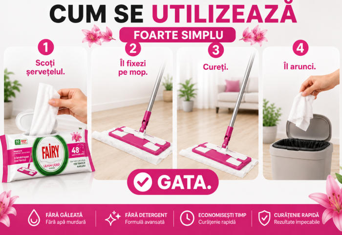Șervețele umede Fairy Lilyum pentru pardoseli, 50 buc., parfum de crin [8]