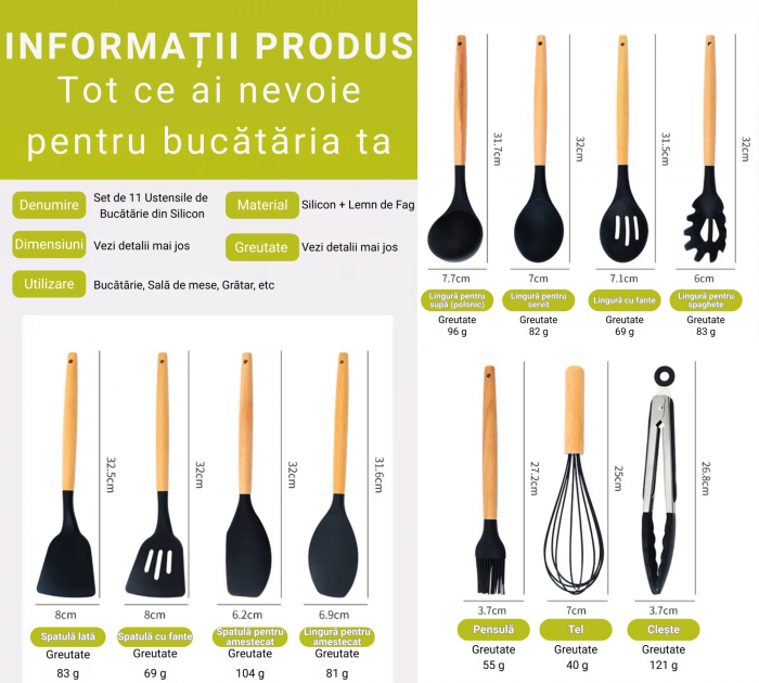 Set Ustensile Bucătărie Silicon cu Lemn – 11 Piese + Suport [9]