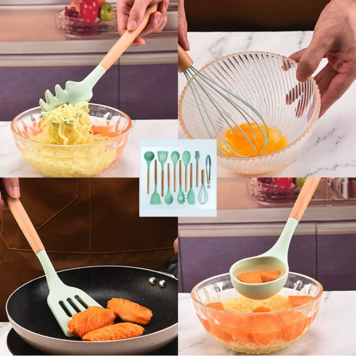 Set Ustensile Bucătărie Silicon cu Lemn – 11 Piese + Suport [6]