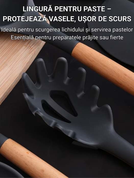 Set Ustensile Bucătărie Silicon cu Lemn – 11 Piese + Suport [7]