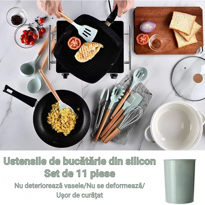 Set Ustensile Bucătărie Silicon cu Lemn – 11 Piese + Suport [2]