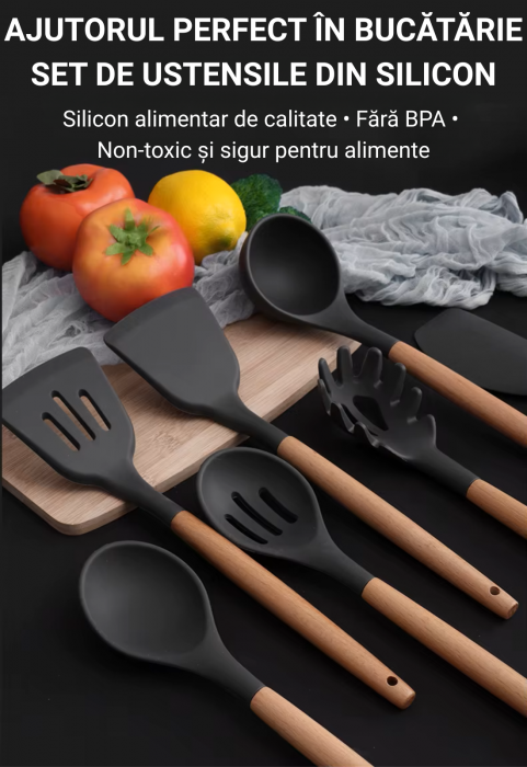 Set Ustensile Bucătărie Silicon cu Lemn – 11 Piese + Suport [3]