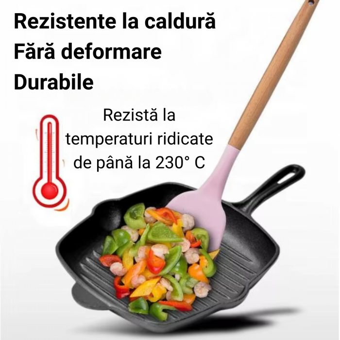 Set Ustensile Bucătărie Silicon cu Lemn – 11 Piese + Suport [4]