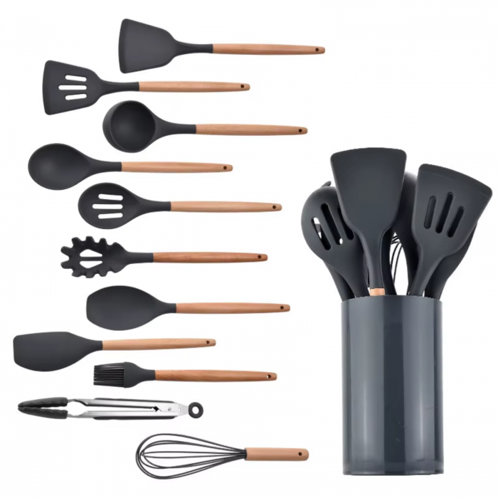 Set Ustensile Bucătărie Silicon cu Lemn – 11 Piese + Suport [10]