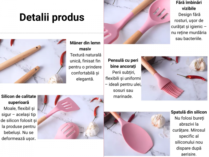 Set Ustensile Bucătărie Silicon cu Lemn – 11 Piese + Suport [8]