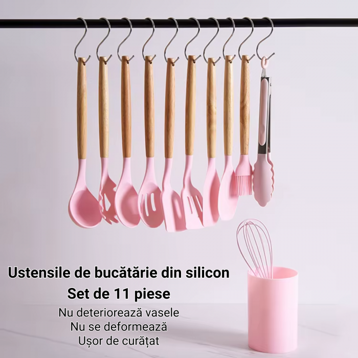 Set Ustensile Bucătărie Silicon cu Lemn – 11 Piese + Suport [2]