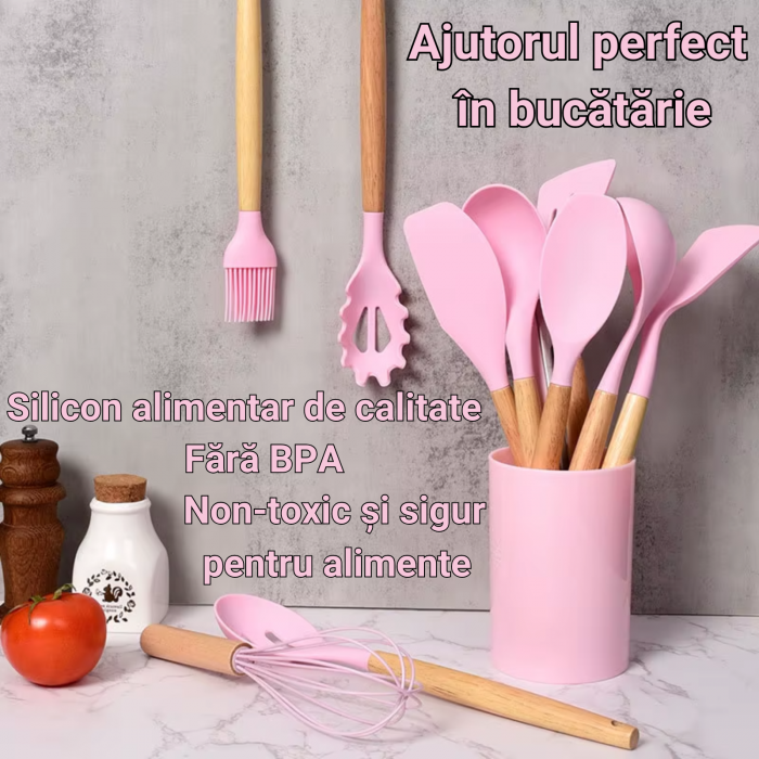 Set Ustensile Bucătărie Silicon cu Lemn – 11 Piese + Suport [3]