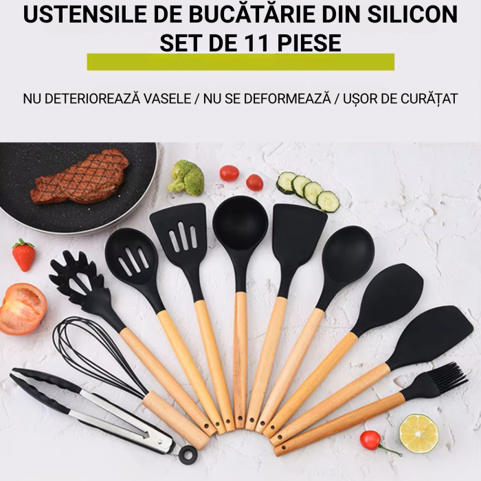 Set Ustensile Bucătărie Silicon cu Lemn – 11 Piese + Suport [2]