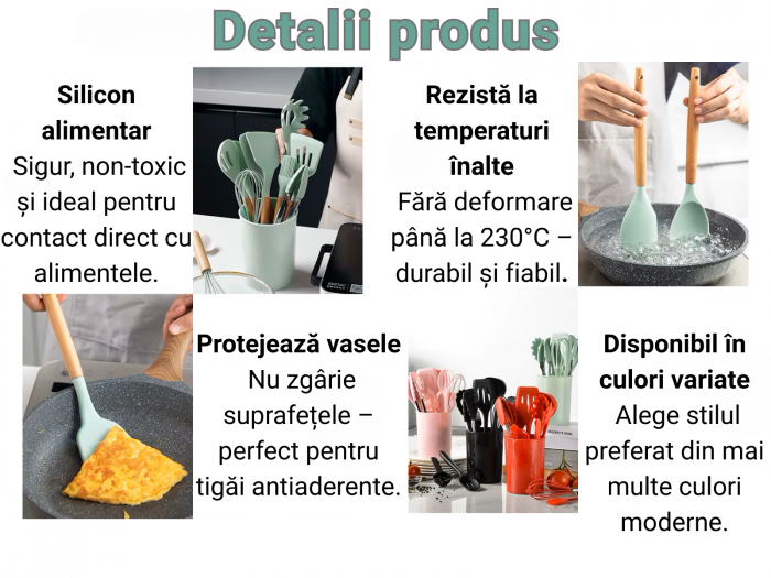 Set Ustensile Bucătărie Silicon cu Lemn – 11 Piese + Suport [8]